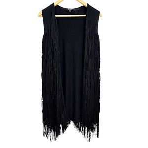 Ella Moss Black Fringe Viscose Cashmere Blend Long Sleeveless Vest Size‎ S NWOT